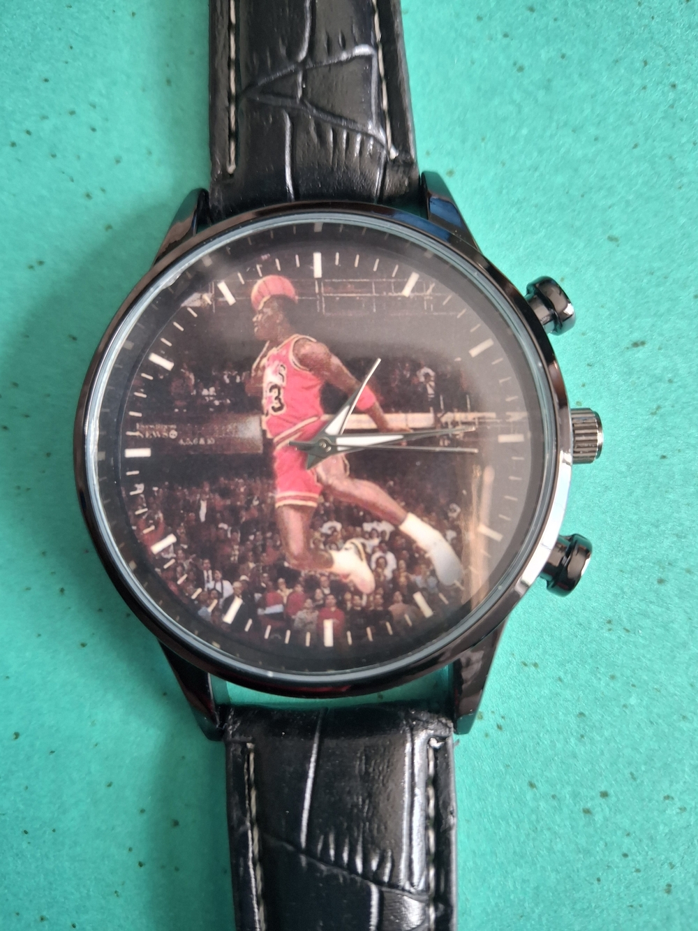 Black Leather Strap Basketball-Themed Wristwatch